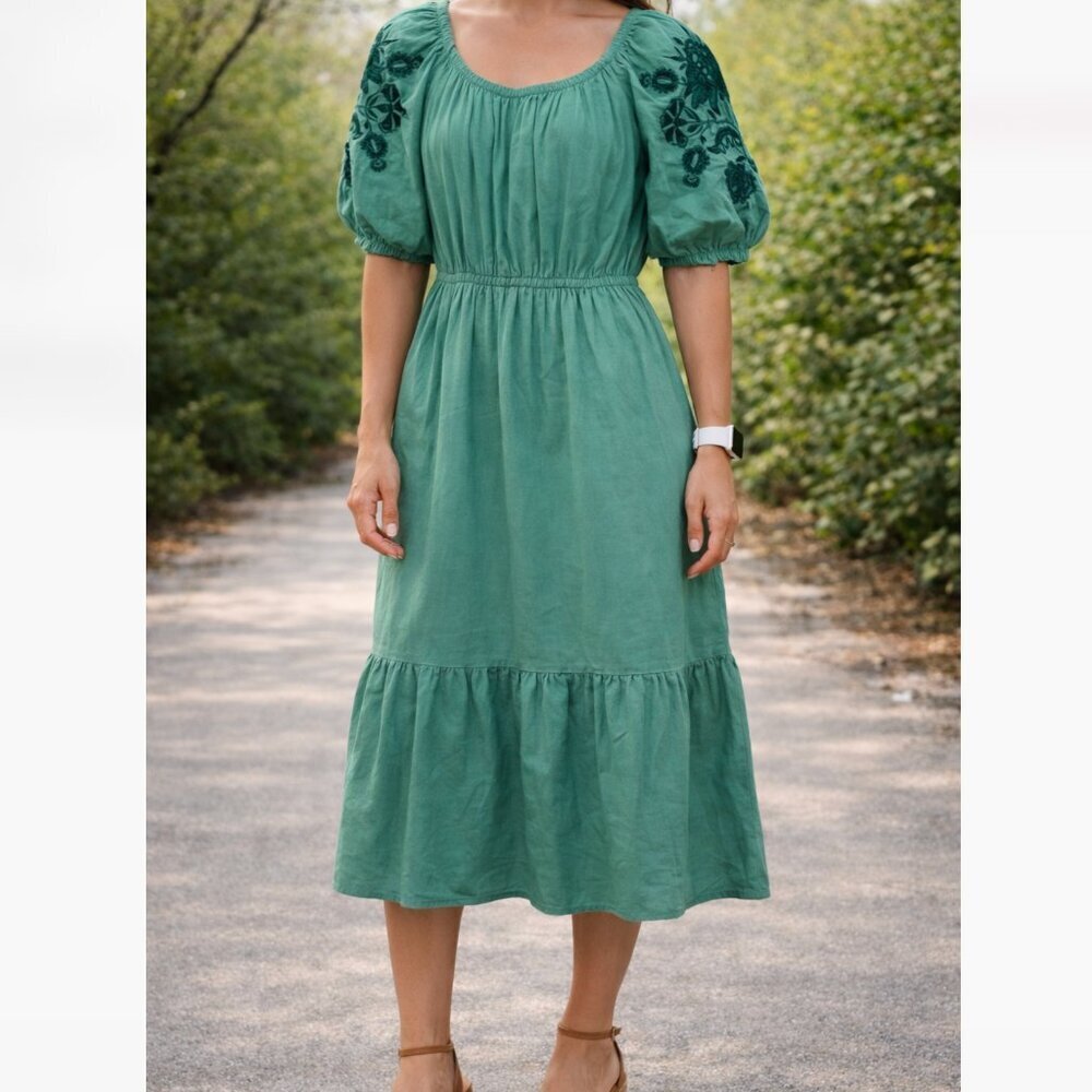 Knox Rose Green Embroidered Puff Sleeve Dress Size S